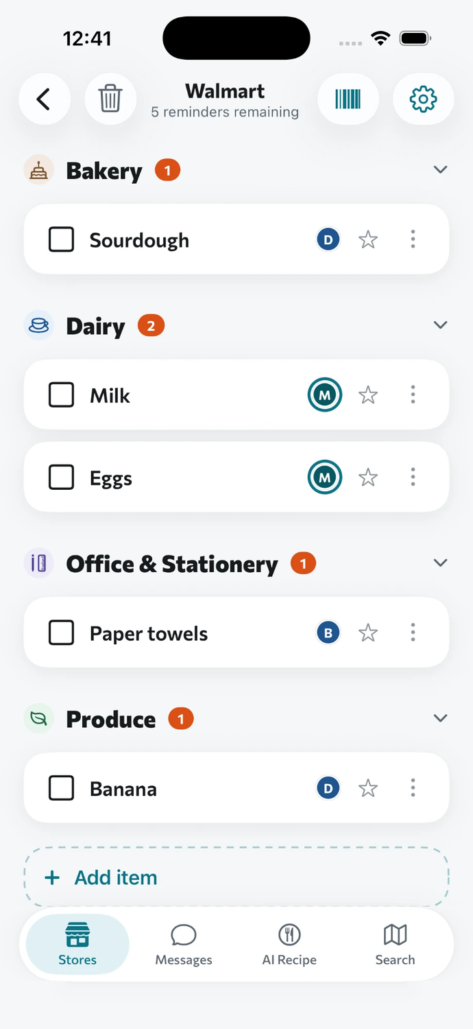 A shared Walmart list in Allim, sorted into Bakery, Dairy, Office & Stationery and Produce, each item marked with the initial of whoever added it.
