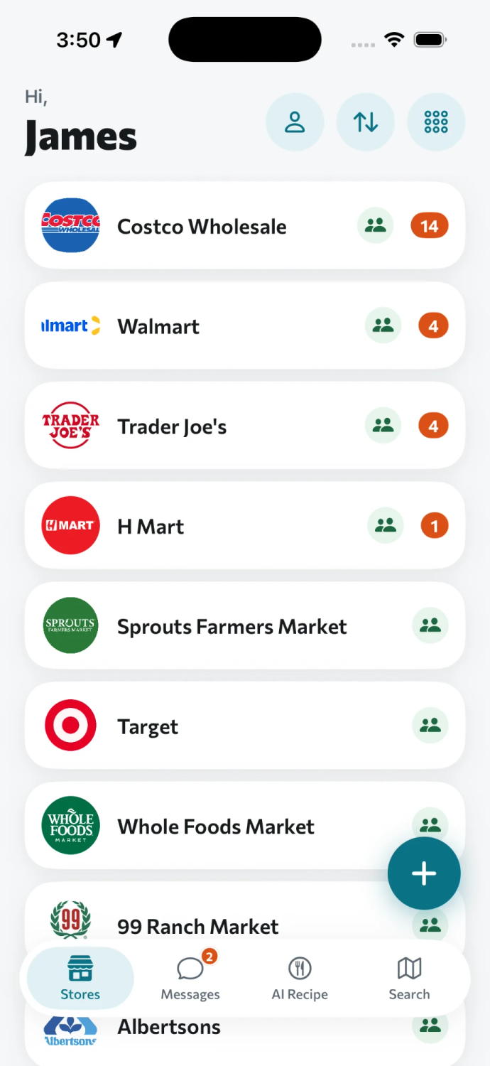 The Allim stores screen: Costco Wholesale, Walmart, Trader Joe's, H Mart and other saved stores, each showing how many groceries are still on its list.