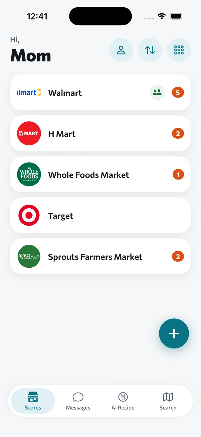 The Allim stores list, with the Walmart row swiped to reveal the sage “On My Way” action that tells everyone on that list you're heading there.